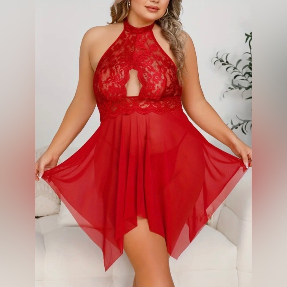Womens Plus Size 2pc Sexy Red Keyhole Halter Neckline Nightie & Panty Set